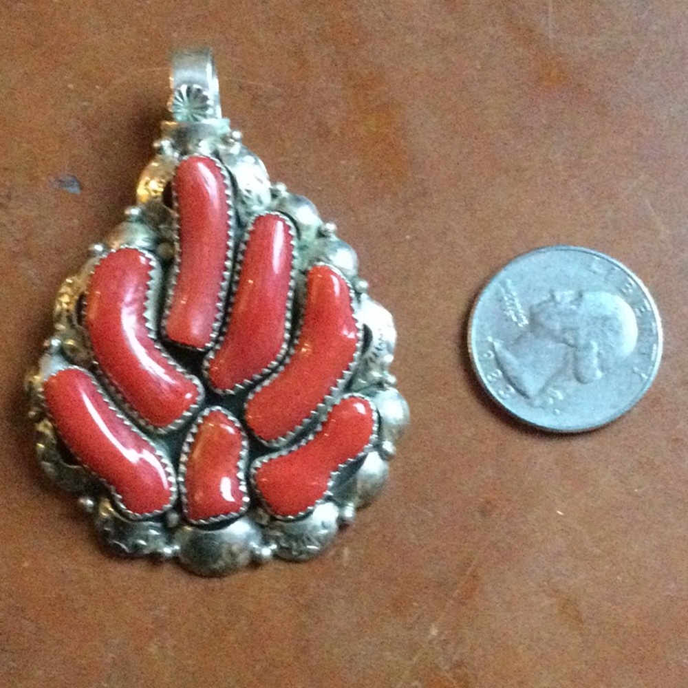 Large ornate Native American Coral and Sterling Pendant